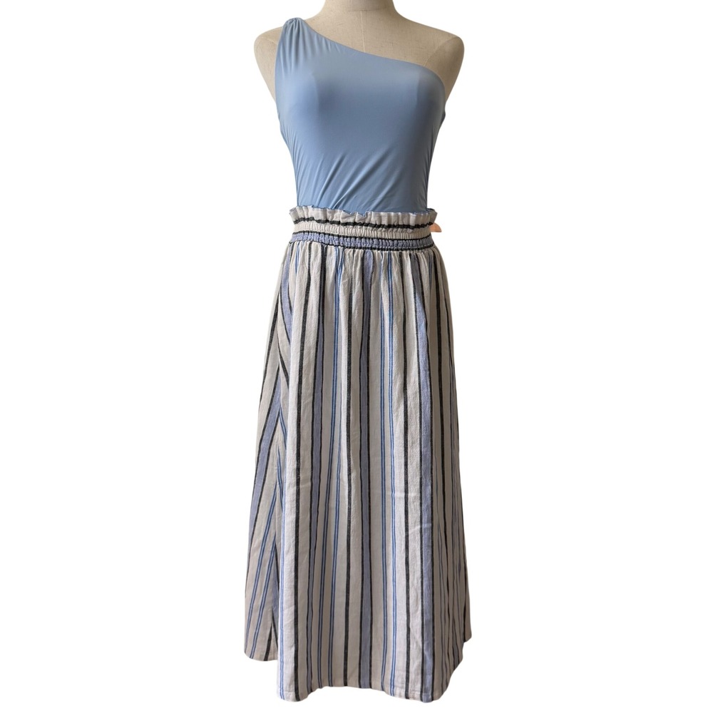 A New Day Striped Paperbag Waist Midi Skirt Blue White Linen Blend XS